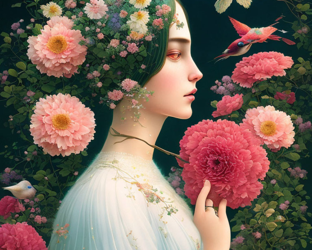 Floral-adorned woman in nature-inspired scene with birds and flowers