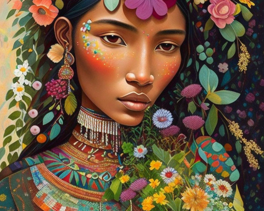 Colorful portrait of woman with floral headdress and jewelry in lush garden.