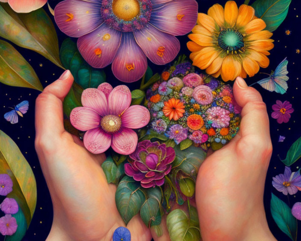 Vibrant colorful flowers and lush greenery held by two hands on a dark background