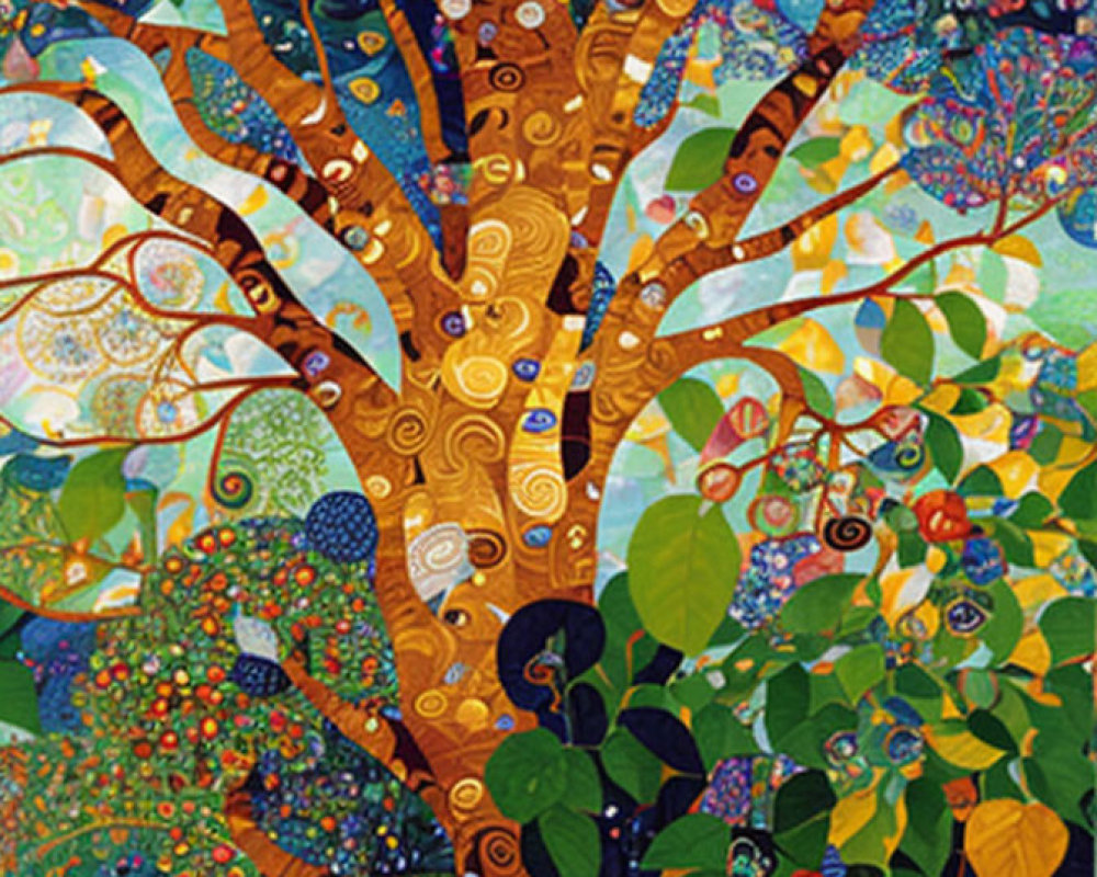 Colorful tree painting with mosaic leaves on starry night background