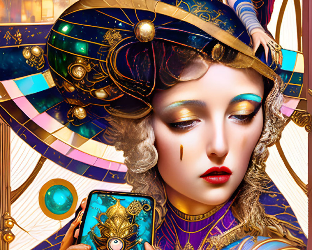 Detailed illustration of woman in avant-garde attire with turban and tarot card in surreal cosmic setting