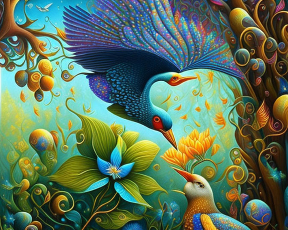 Colorful surrealistic painting: Two peacocks in lush forest