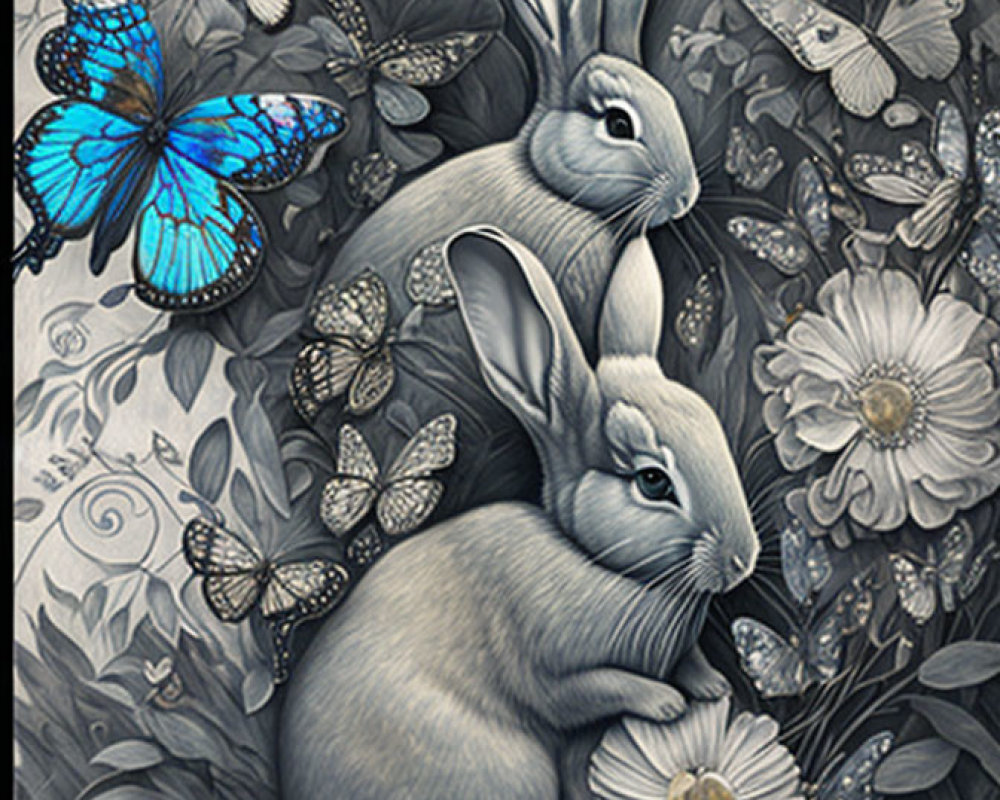 Grayscale illustrated image of two rabbits with blue accents, surrounded by butterflies and floral patterns