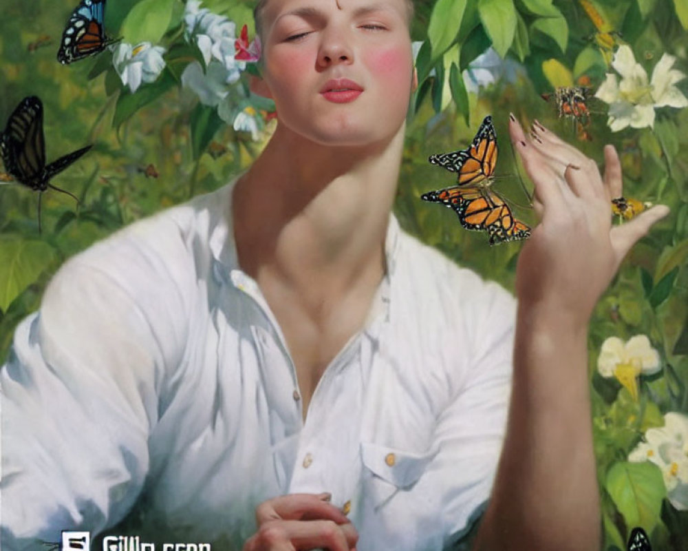 Person in White Shirt Surrounded by Butterflies in Garden Setting