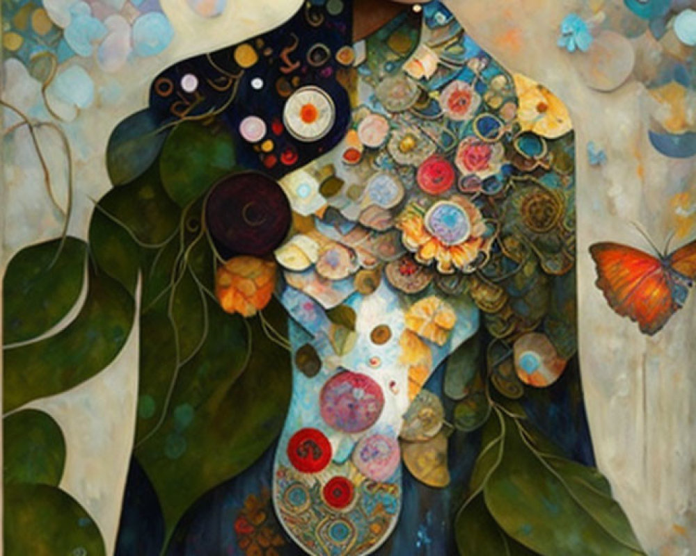 Whimsical painting of woman with floral and butterfly motifs amid vibrant leaves