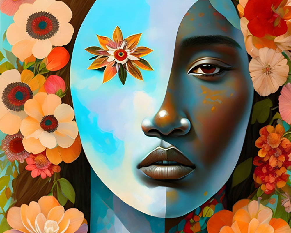 Vibrant floral-themed stylized portrait of a woman