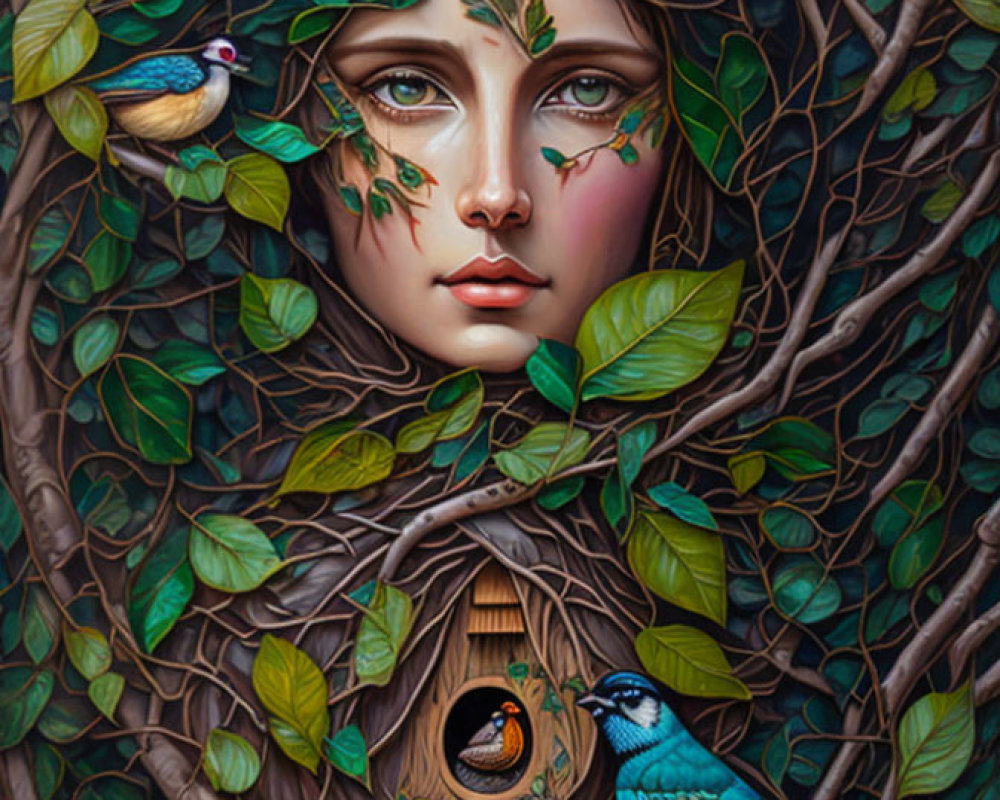 Surreal portrait of woman's face merging with tree, adorned with leaves, branches, and vivid