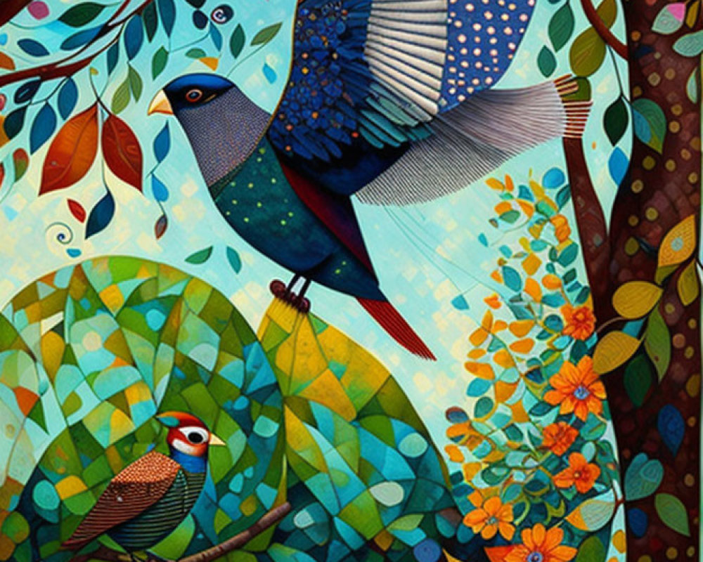 Colorful illustration of two birds in vibrant foliage and whimsical patterns