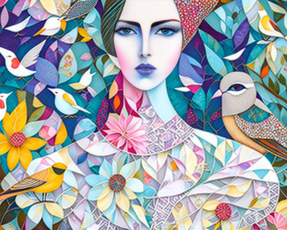 Colorful Nature-Inspired Artwork with Woman's Face, Birds, Flowers, & Patterns