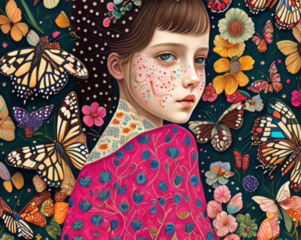 Girl surrounded by butterflies in floral outfit and face design