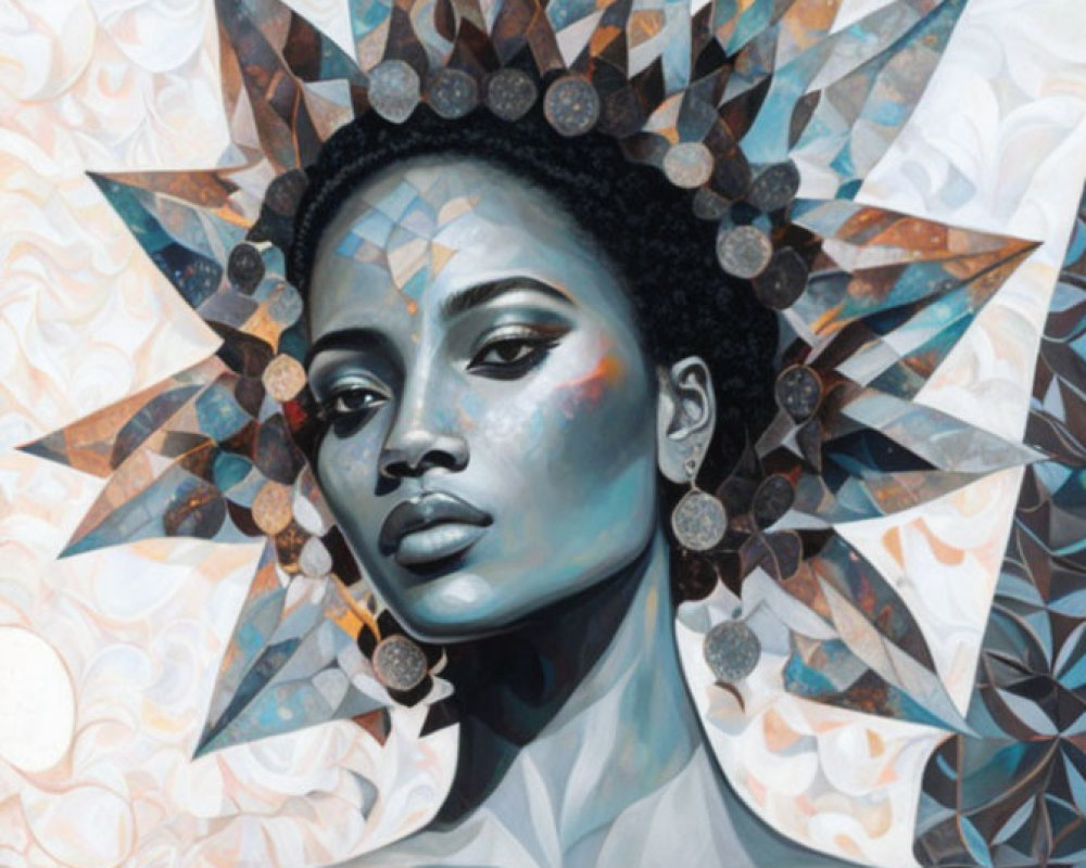 Geometric crown portrait in soft whites, blues, and earth tones