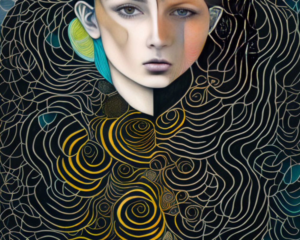 Stylized portrait with blue eyes and gold patterns on dark background