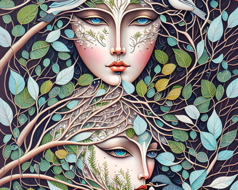 Symmetrical nature-inspired artwork with blended faces and birds