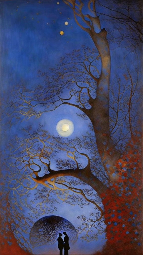 Whimsical painting of couple under starry sky with moon, tree, and red flowers