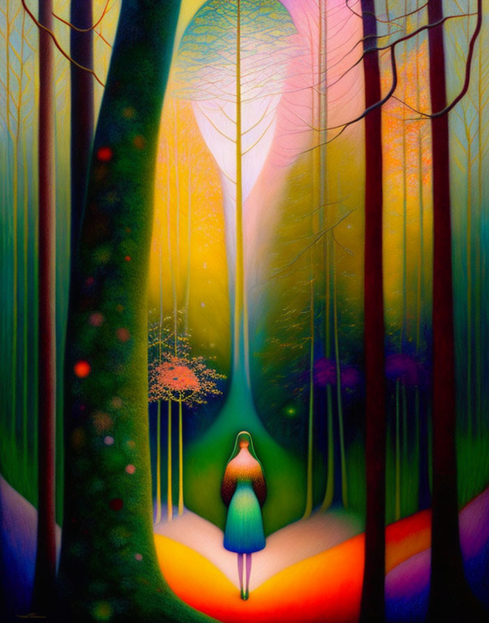 Vibrant surreal forest scene with figure and bright light