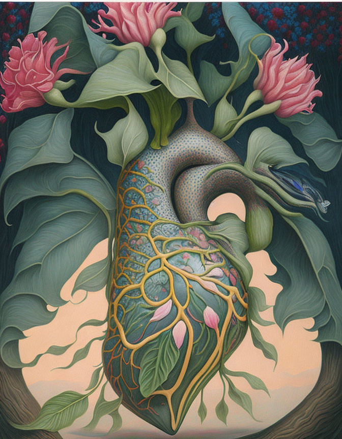 Surreal heart illustration with floral and anatomical elements