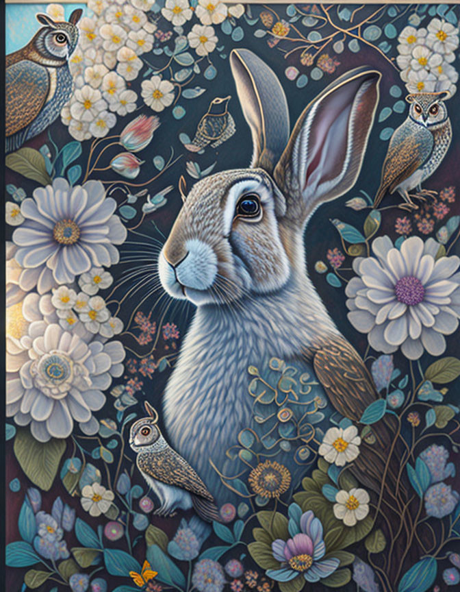 Central Rabbit Surrounded by Flowers, Owls, and Bird in Dark Background