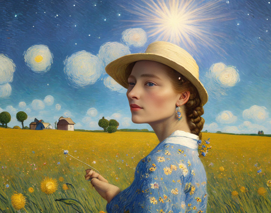 Woman in straw hat and blue floral dress in golden field under surreal sky with clouds and stars holding a