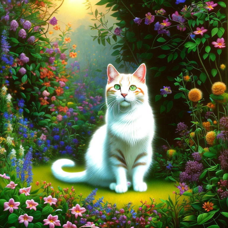 White and Ginger Cat in Colorful Garden with Sunbeam Glow