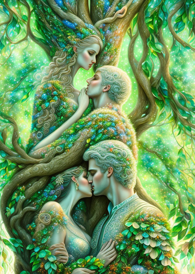 Artistic depiction of elvish couple embracing by vibrant tree