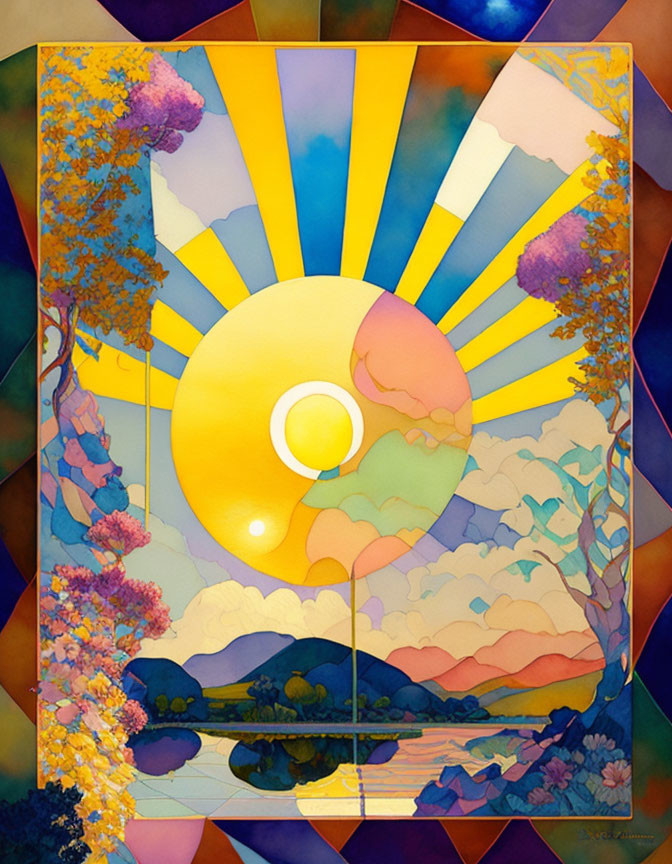 Colorful painting with radiant sun, clouds, trees, and geometric patterns