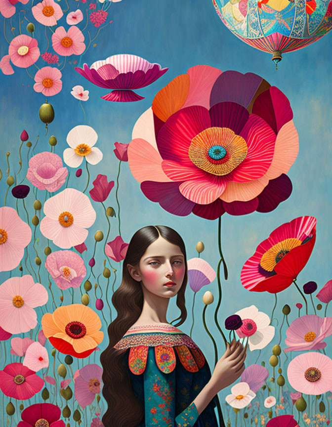 Woman surrounded by oversized poppies on blue background with surreal composition.