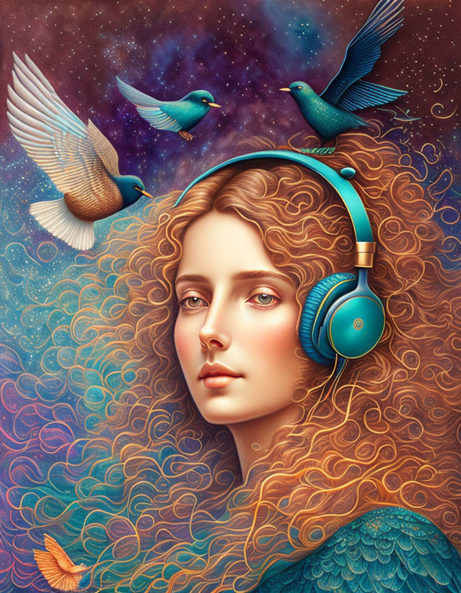 Surreal portrait of woman with flowing hair and headphones surrounded by birds in cosmic setting