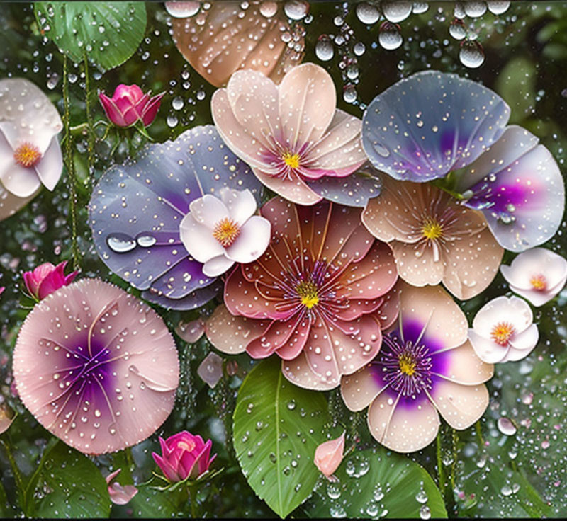 Colorful flowers with water droplets on glass, rain effect, green leaves, blurred background