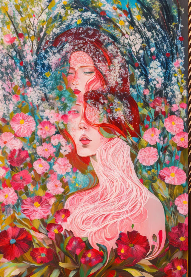 Colorful painting: Two women with red hair and flowers intertwined