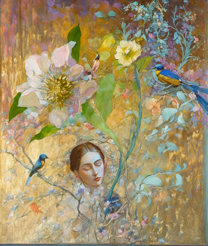 Woman's Face Among Vibrant Flowers with Blue Birds in Serene Painting