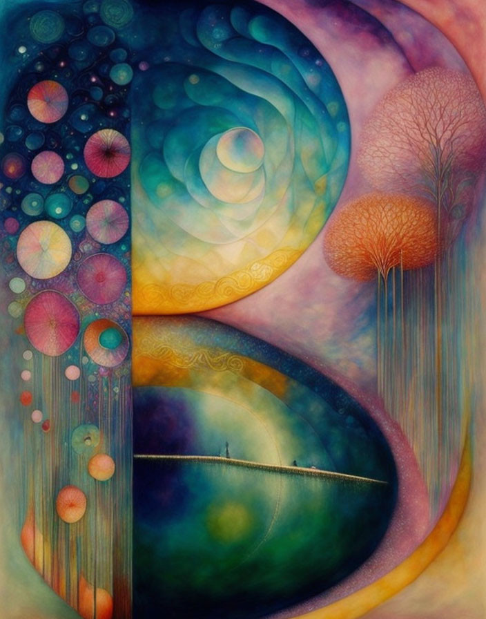 Colorful surreal painting: swirling patterns, cosmic sky, dreamlike landscape