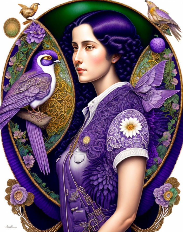 Purple-haired woman in violet dress with birds and ornate patterns in Art Nouveau style