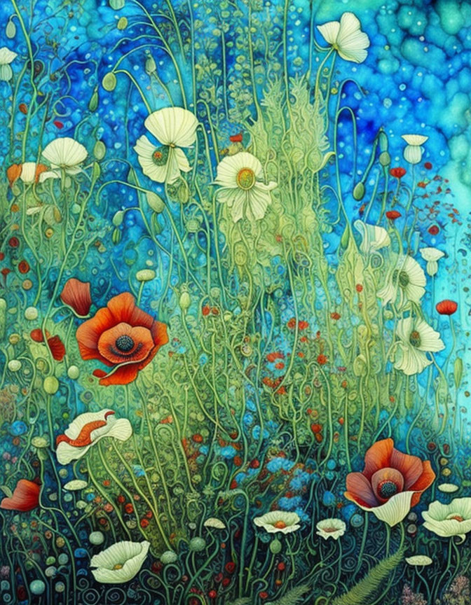 Colorful Underwater Scene with Plant Life and Butterflies Among Red Flowers