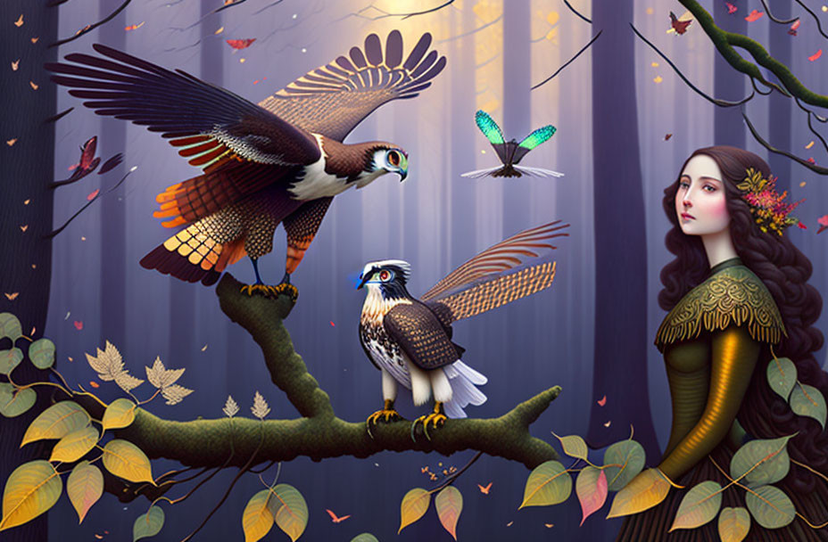 Digital Artwork: Woman with Leaves in Hair, Falcon Perched, Mystical Forest Setting