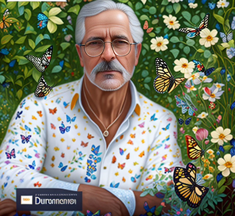 Gray-haired man in butterfly shirt with floral backdrop