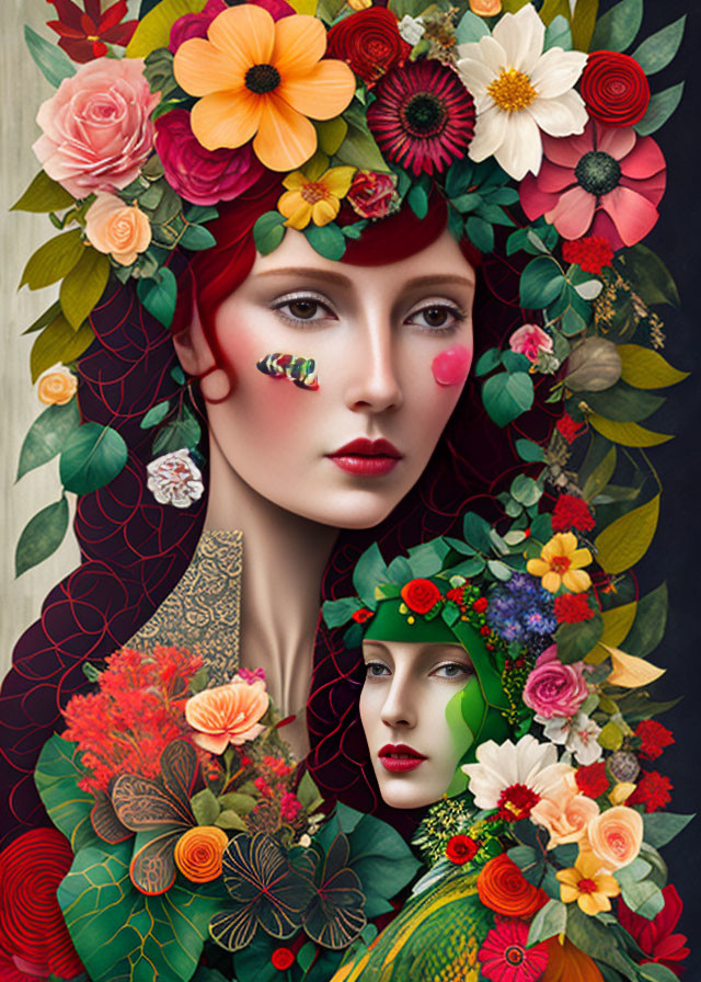 Digital Artwork: Stylized Women's Faces with Vibrant Floral Adornments