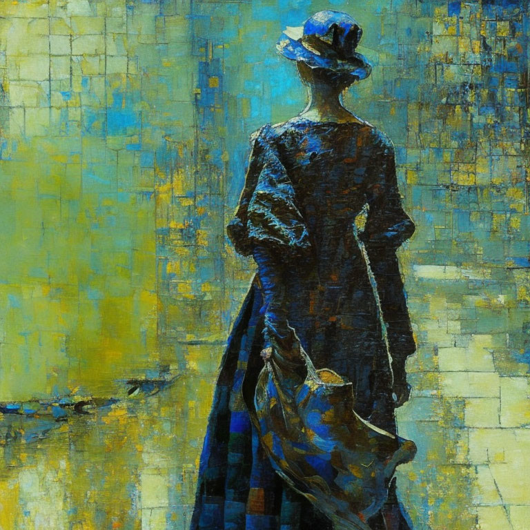 Woman in Blue Dress and Hat Against Textured Golden Background