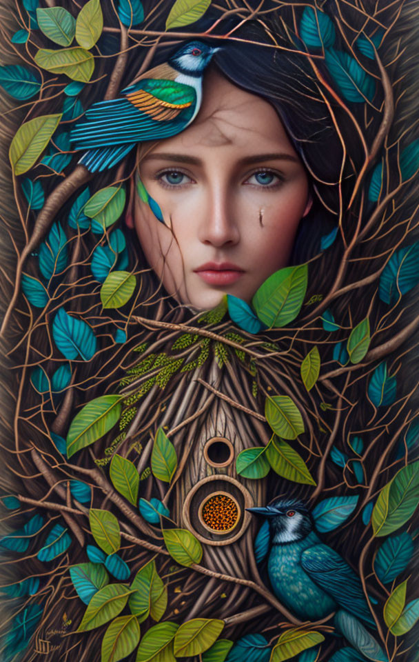 Surreal portrait of woman with blue eyes and nature elements