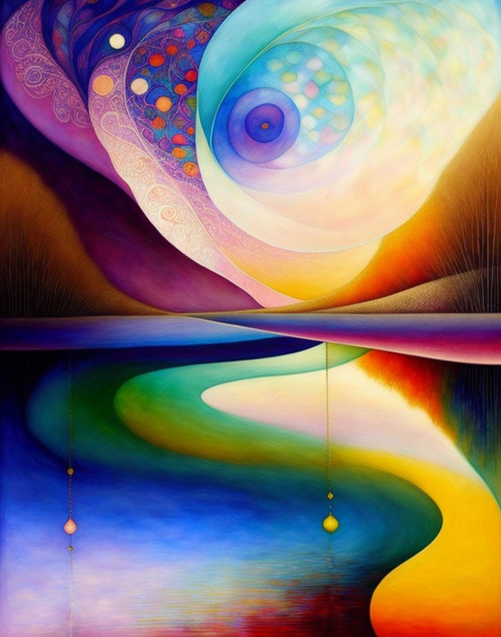 Abstract painting with surreal eye form, intricate patterns, pendulums, and colorful landscape