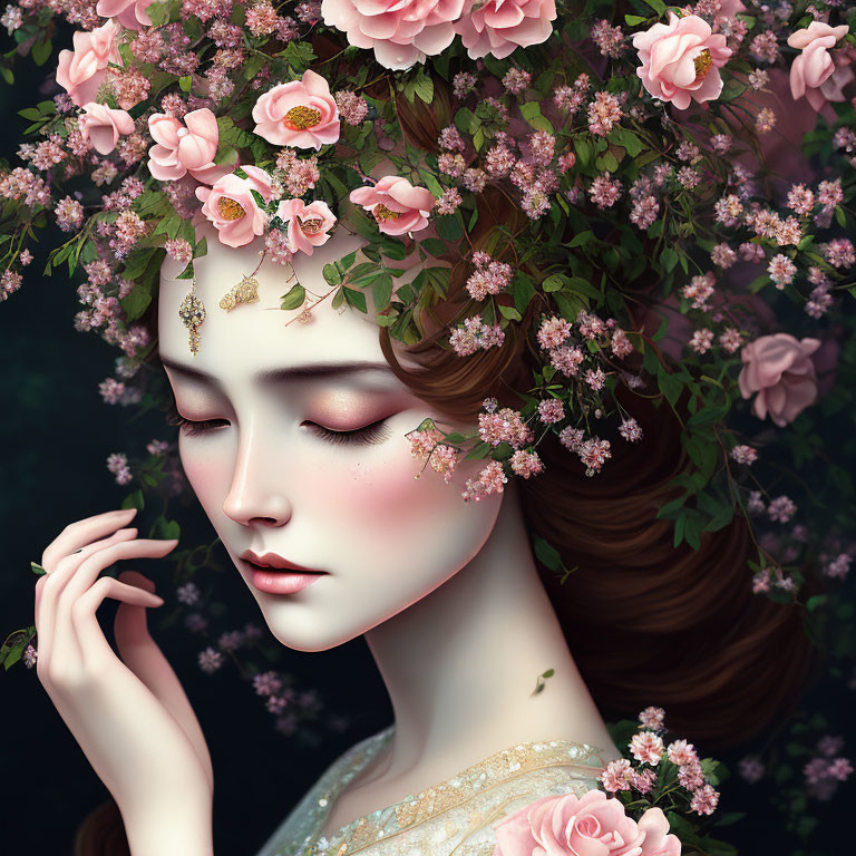 Illustration: Woman with floral headdress and butterflies in serene pink tones