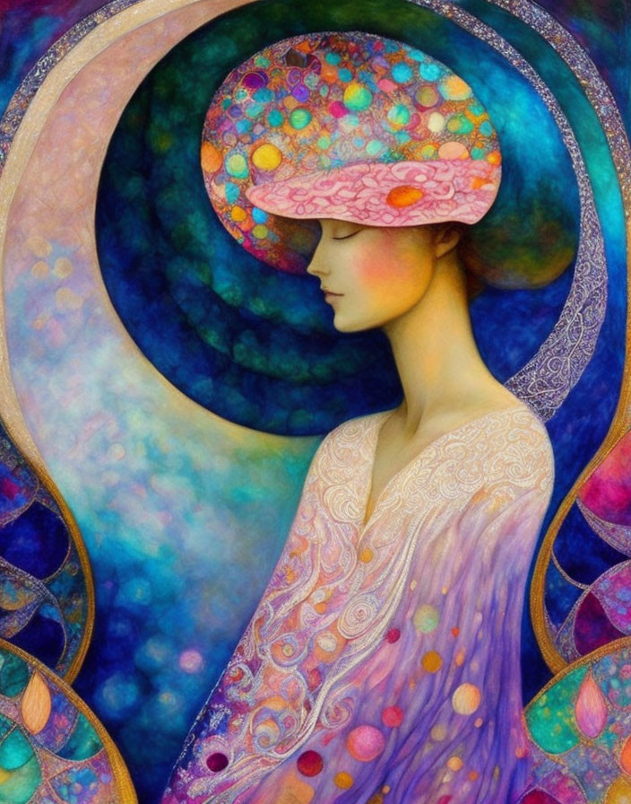 Vibrant side profile of woman in ornate hat and robes against cosmic backdrop