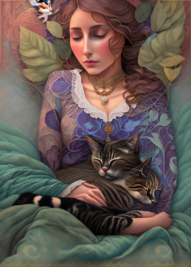 Illustration of woman with closed eyes holding sleeping tabby cat in lush greenery