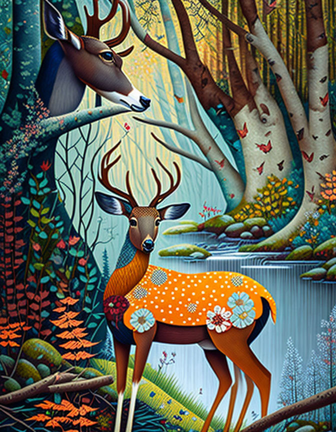 Detailed Illustration of Mystical Forest Scene with Stylized Deer and Butterflies