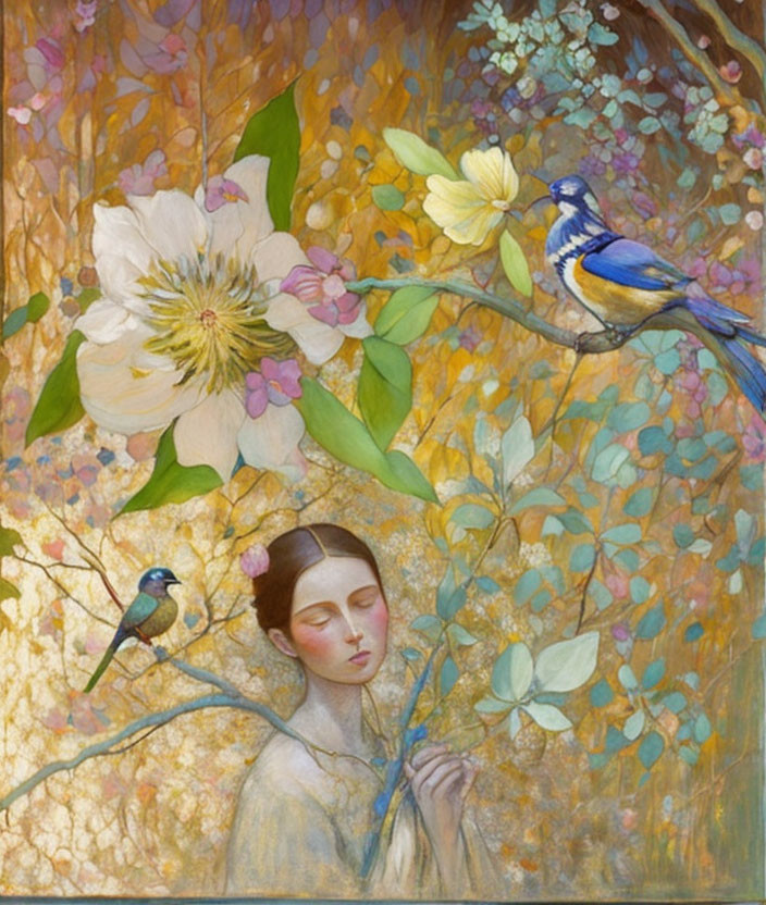 Illustration of woman in blossoming garden with blue bird on branch