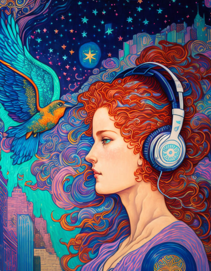 Colorful illustration: Woman with red curly hair, headphones, cityscapes, bird, and celestial