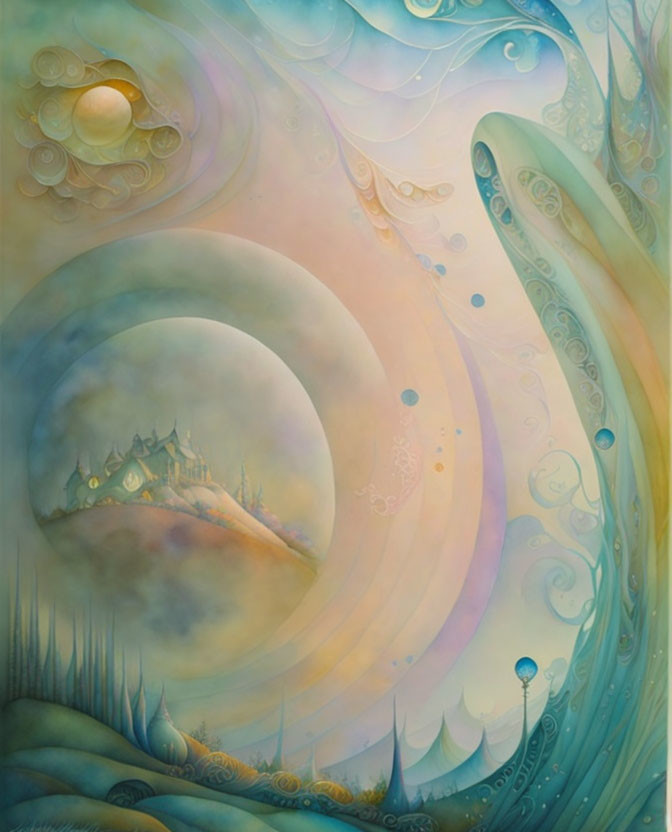 Surreal painting with pastel colors, castle, whimsical shapes, and celestial bodies