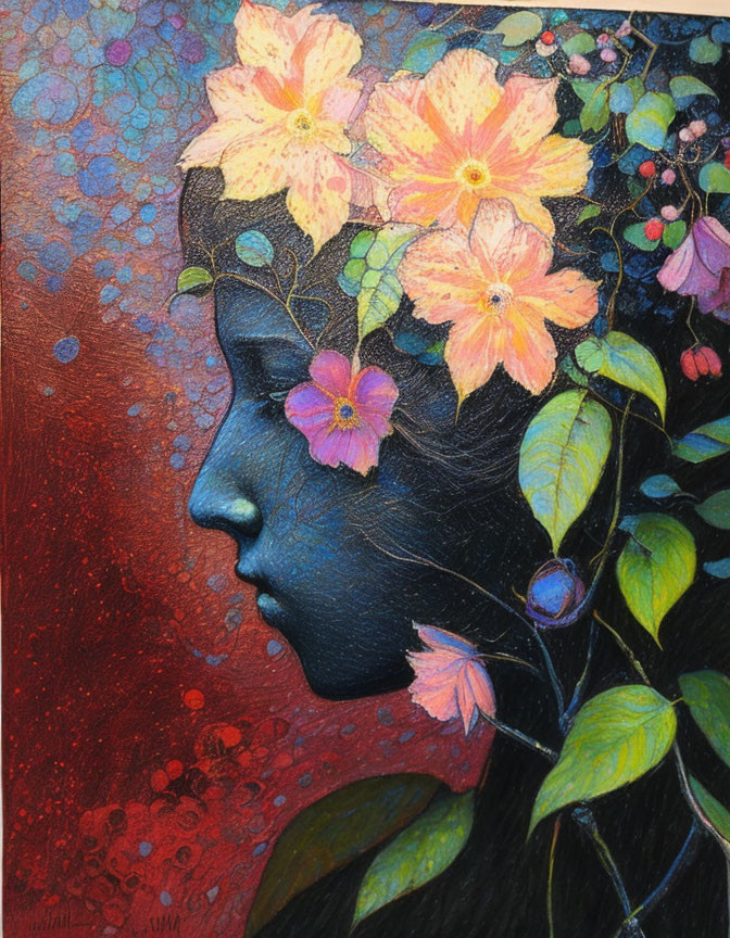 Blue-skinned face with floral adornments on red background - mystical portrait