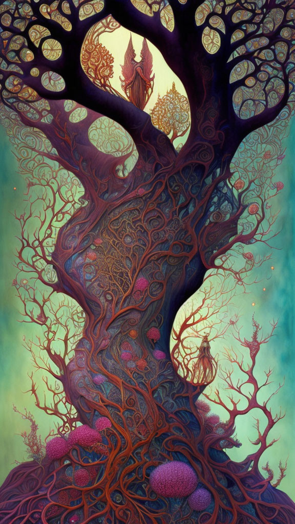 Vibrant painting of intricate tree with mystical figures