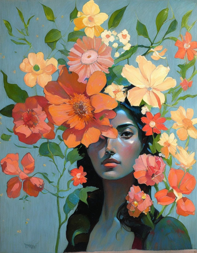 Portrait of Woman with Orange and Pink Flowers on Teal Background