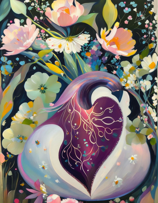 Colorful painting: Stylized heart and flowers in pink, white, and yellow.